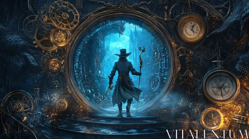 AI ART Time Portal Steampunk Character Illustration