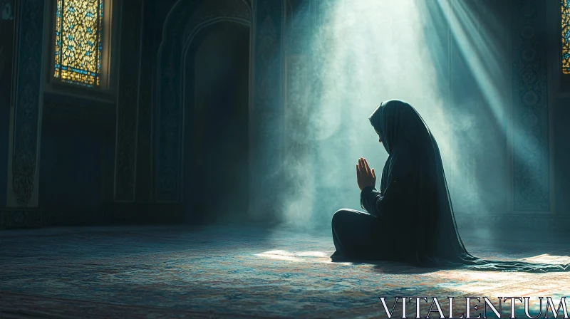 Woman in Prayer, Spiritual Light AI Image