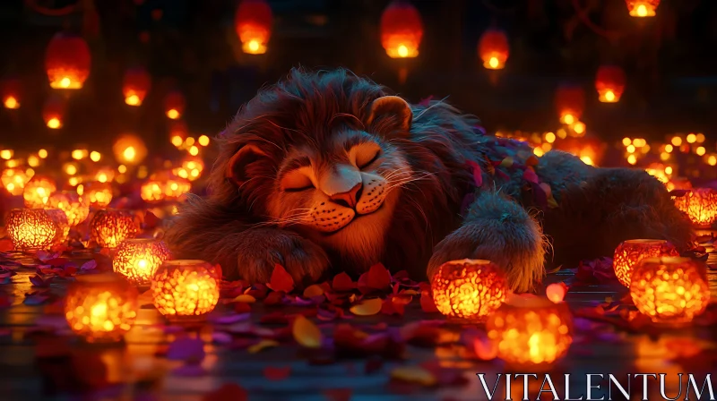 Lion Asleep Among Lanterns AI Image