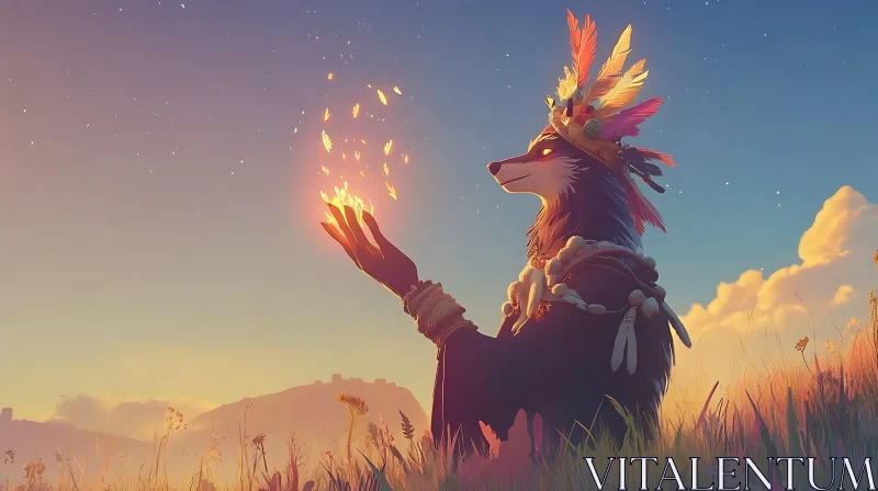 Feathered Wolf Holding Glowing Embers AI Image