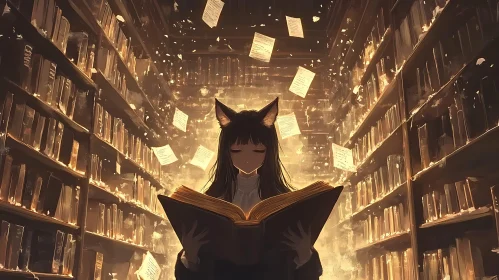 Cat-Eared Reader in Book Sanctuary