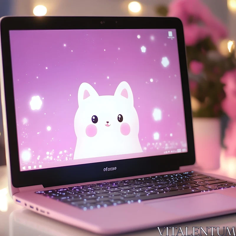 Cute Cat on Pink Laptop Screen AI Image