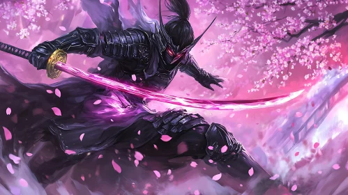 Armored Samurai in Cherry Blossom Scene