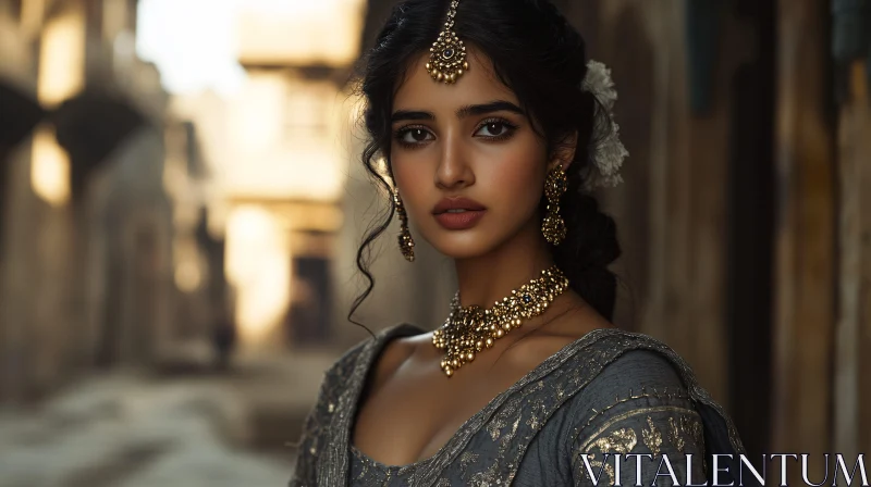 Portrait of Woman with Golden Adornments AI Image