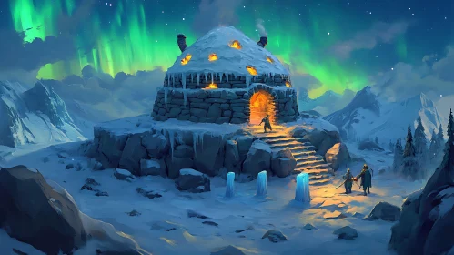 Northern Lights Over Snowy Stone Dwelling