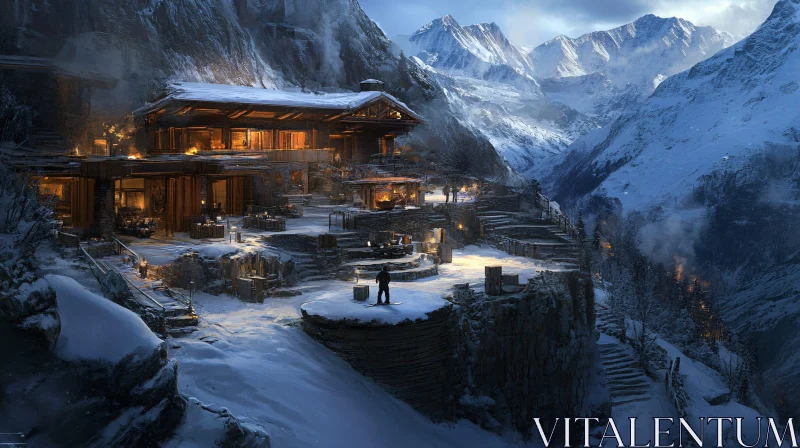 Alpine Winter Retreat with Warm Glowing Lights AI Image