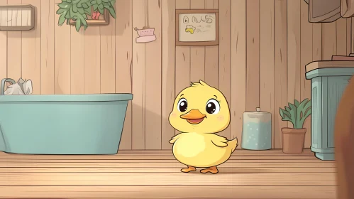 Adorable Duck in Wooden Bathroom Scene