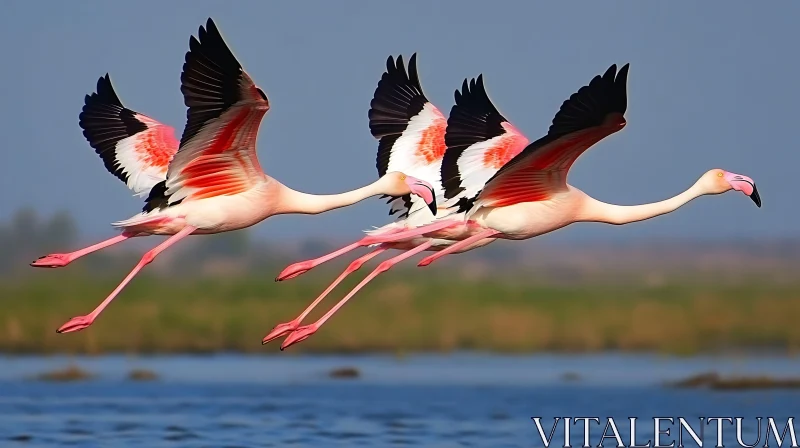 Pink Flamingos Flying Over Water AI Image