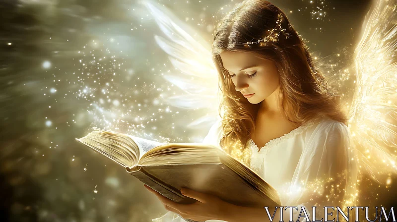 Serene Angel Reading an Ancient Book AI Image