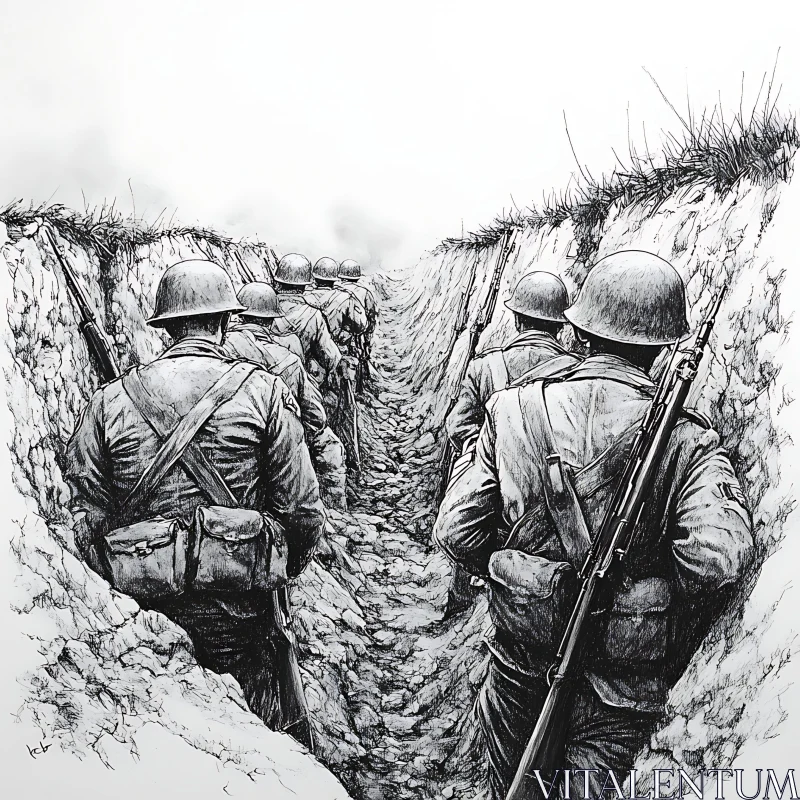 AI ART Monochrome Sketch of Trench Warfare