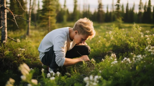 Captivating Image of a Boy Picking Flowers in the Norwegian Nature