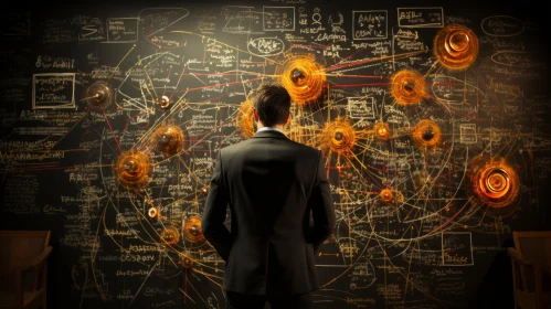 Captivating Image of Businessman with Molecular Structures on Blackboard