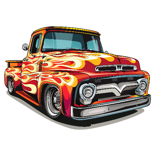 POD Design Classic 1950s Red Pickup Truck with Flame Design