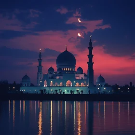 Night Mosque Reflection Under Crescent Moon