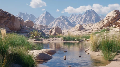 Scenic Desert Oasis with Mountain Range