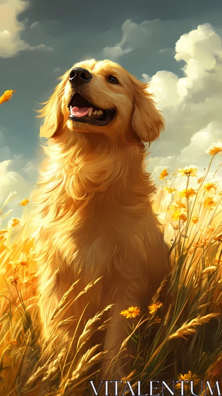 Golden Retriever Among Flowers AI Image