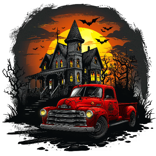 Haunted House Cartoon Drawing with Red Truck and Full Moon POD Design