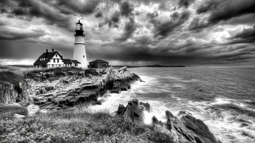 Majestic Lighthouse on Cliff: Striking Black and White HDR Photograph