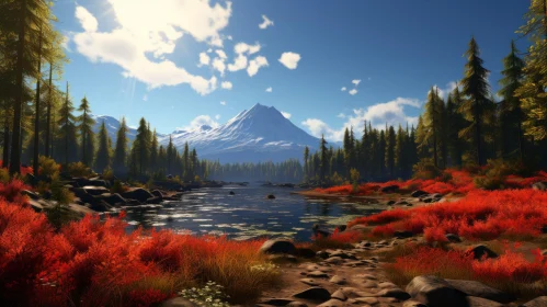 Serene Forest Lake with Majestic Mountains and Lush Trees
