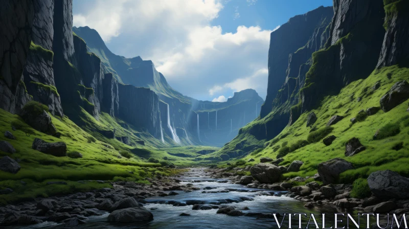 Serene Landscape of a Deep Canyon with Flowing Water AI Image