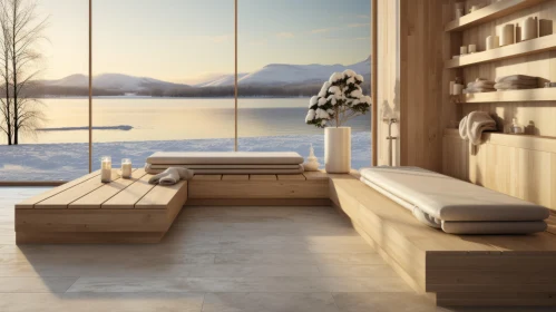 Serene Sauna with a Lakeside View in Snowy Norwegian Landscape
