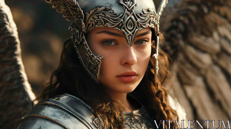Serious Young Woman with Silver Helmet and Wings AI Image