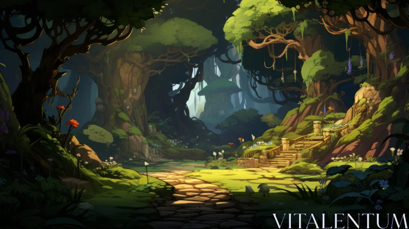 Whimsical Forest Pathway: Enchanting Cartoon-Style Illustration AI Image