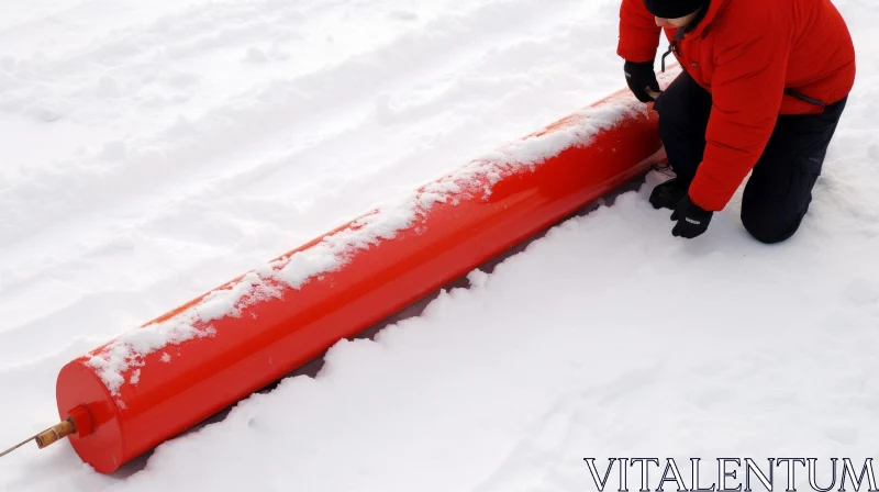 Winter Scene: Man with Tube and Red Pipe in the Snow AI Image