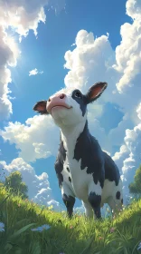 Cow in Tranquil Pasture with Blue Sky