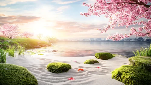 Sunset at a Blossom-Edged Lake