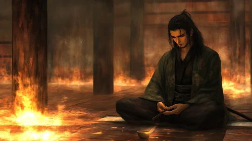 Contemplative Warrior in Fiery Setting