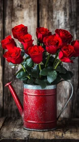 Charming Red Roses in a Rustic Watering Can