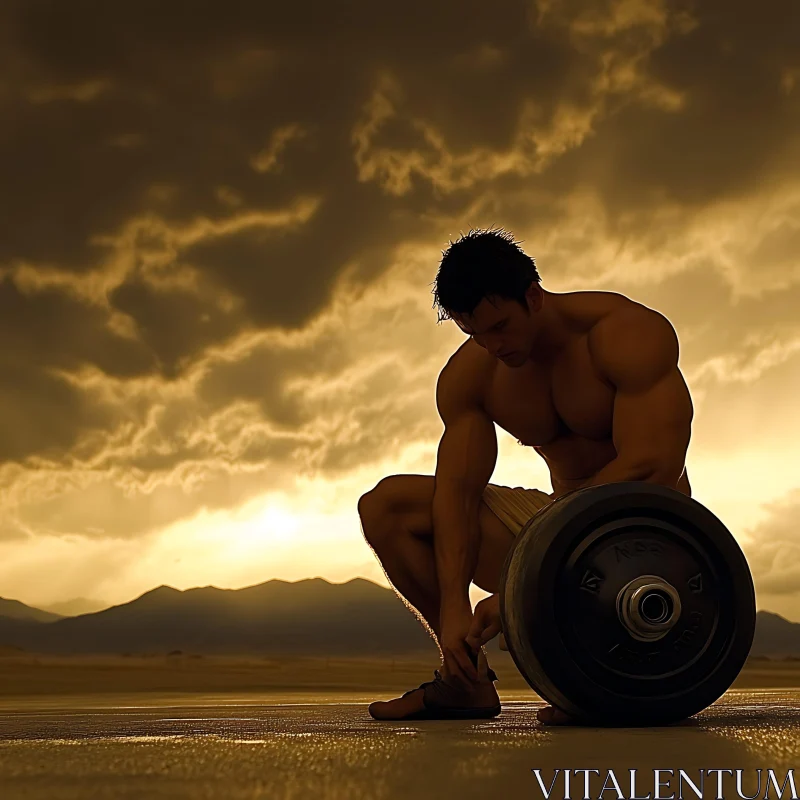 Man Lifting Weights in Golden Light AI Image