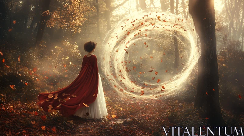 Forest Portal with Red Cloak Woman AI Image