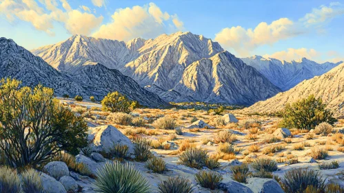 Golden Sunlit Mountainous Desert Scene