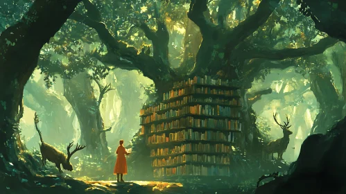 Forest Library with Reading Woman and Deer