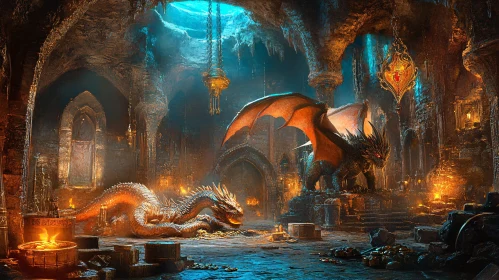 Fantasy Dragons in a Treasure Cave