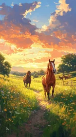 Sunset Meadow with Galloping Horses