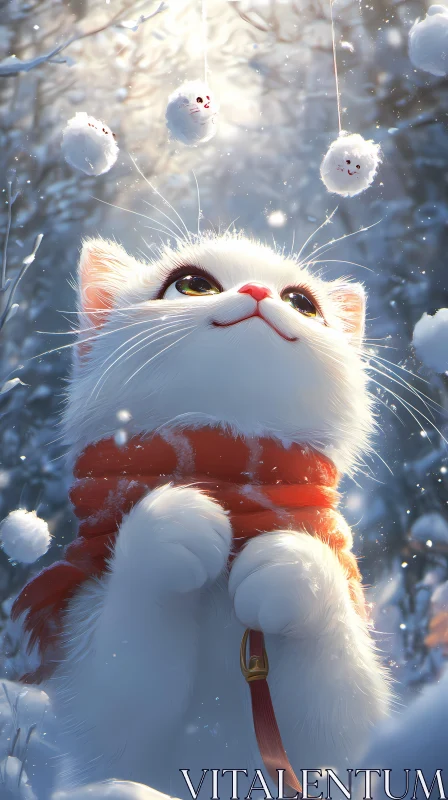 AI ART Charming Cat Gazes at Furry Snowballs