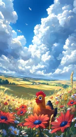 Chicken in a Flowered Field