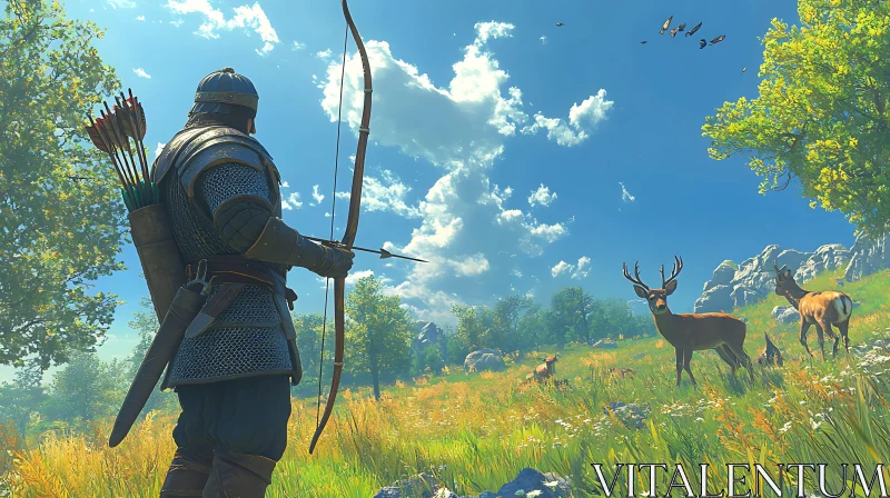 AI ART Hunter Aiming Bow at Deer in Field