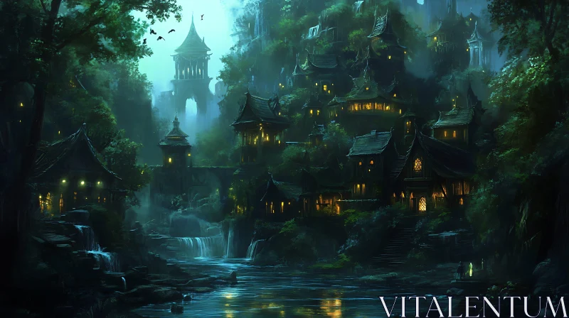 AI ART Luminous Village in Misty Woods