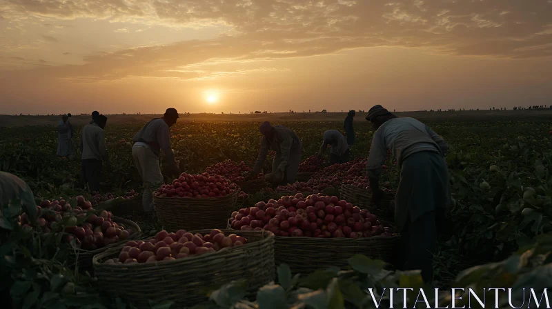 Farmers Harvesting Crops at Dusk AI Image