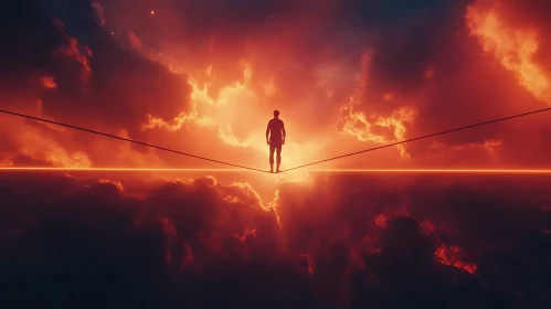 Silhouette on Tightrope Above Clouds