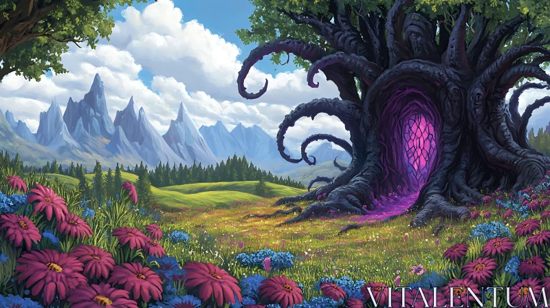 AI ART Enchanted Meadow with Mystical Tree Gate