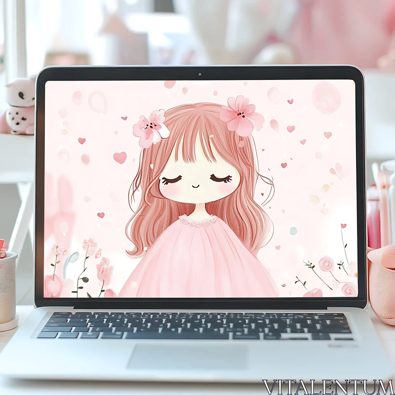 Adorable Digital Art of Girl with Pink Hair on Laptop Screen AI Image