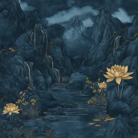 Serene Mountain and Lotus Flower Scenery