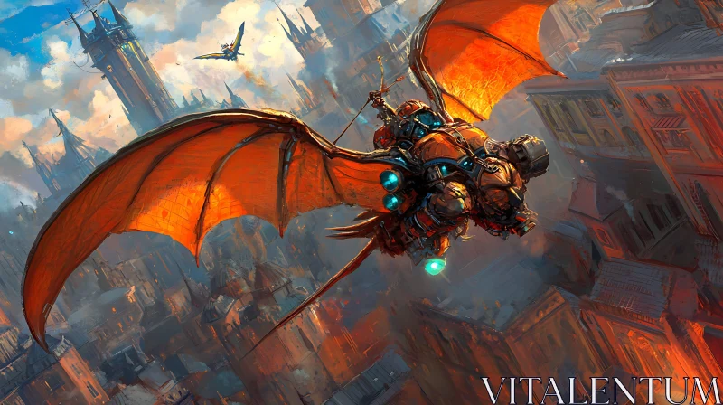 AI ART Mechanical Dragon Soaring Above Metropolis