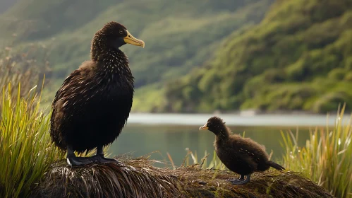 Two Flightless Birds near Lake