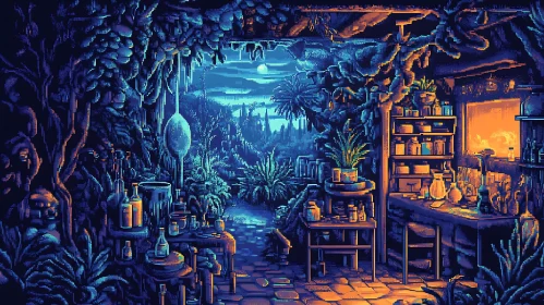 Blue Pixel Art: Indoor Garden View